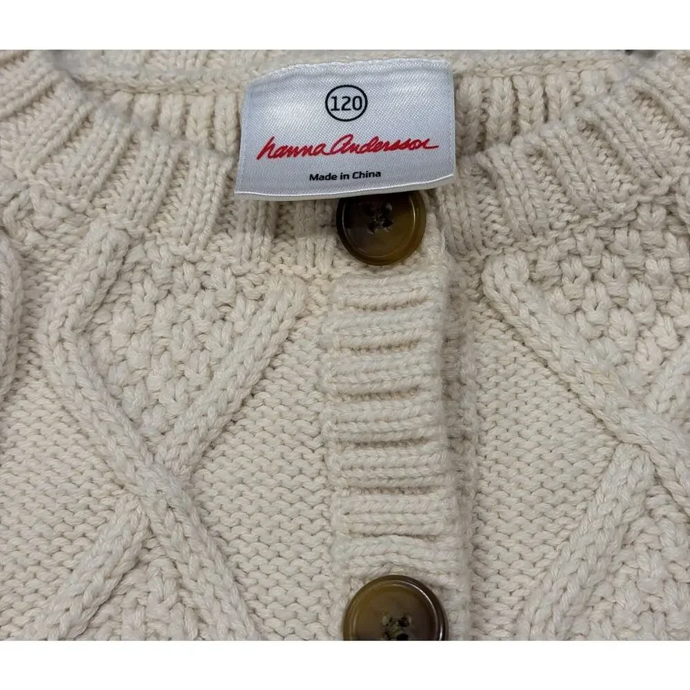 Hanna Andersson Ivory Cable Knit Wool Blend Cardigan Sweater Girls 6-7 | 120 cm